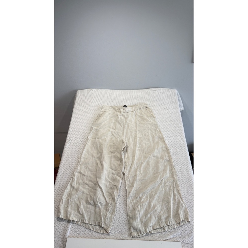 Jones New York Women XL Oatmeal Beige 100% Linen Wide Leg Smocked Back Pants